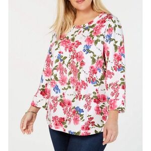 Karen Scott Womens Blouse Pink Blue Floral 3/4 Sleeve Size XL  Round Neck Casual